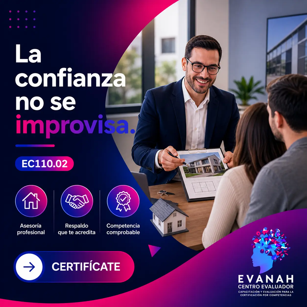 Pieza gráfica de EVANAH para EC0110.02, asesoría en comercialización de bienes inmuebles